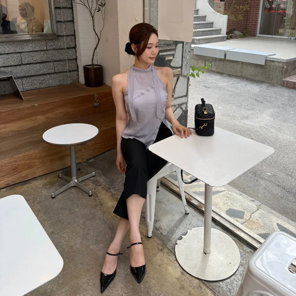 Asymmetric Scarf Halter Neck Blouse - Grey