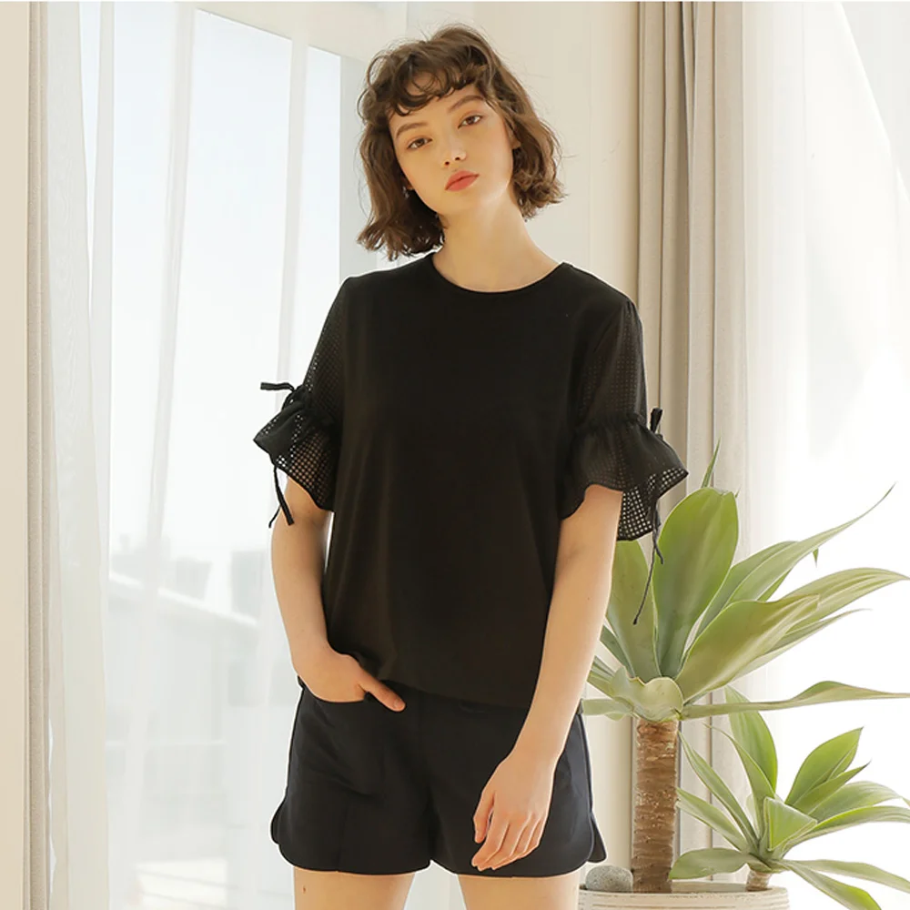 SEE-THROUGH CHECK SLEEVE T-SHIRTS _BLACK