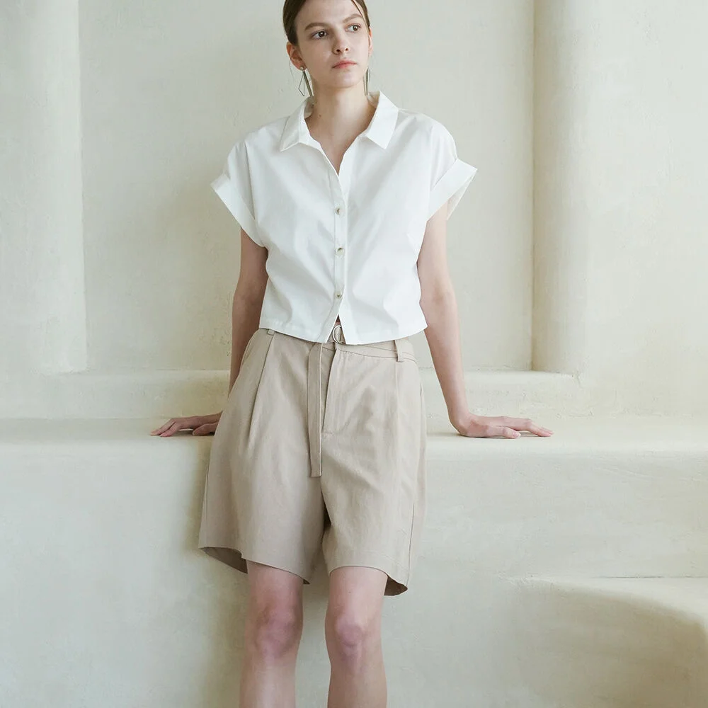 Linen Pintuck Detail Short Pants _ Beige