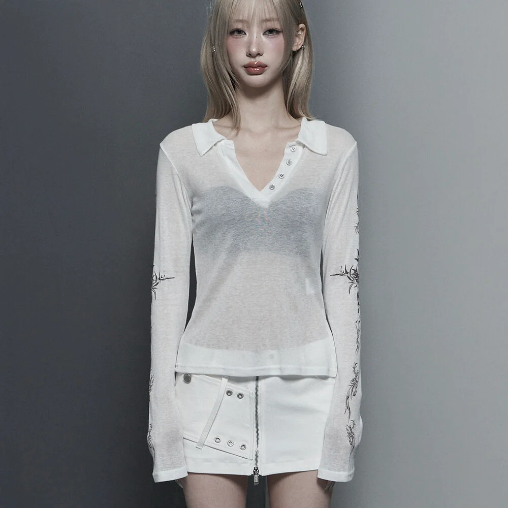 Rib Collar tattoo Long Sleeve Top (White)