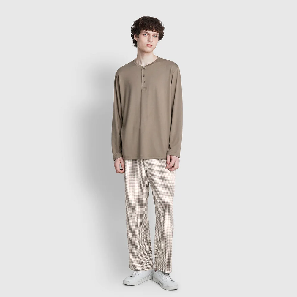 男裝 桃皮絨 10分 睡衣 褲子_深 米色