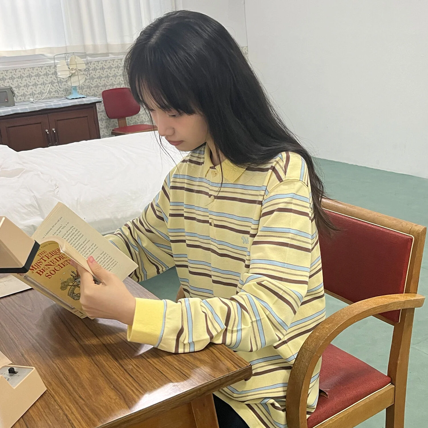 條紋 標誌 珠地 長袖 T恤 黃色