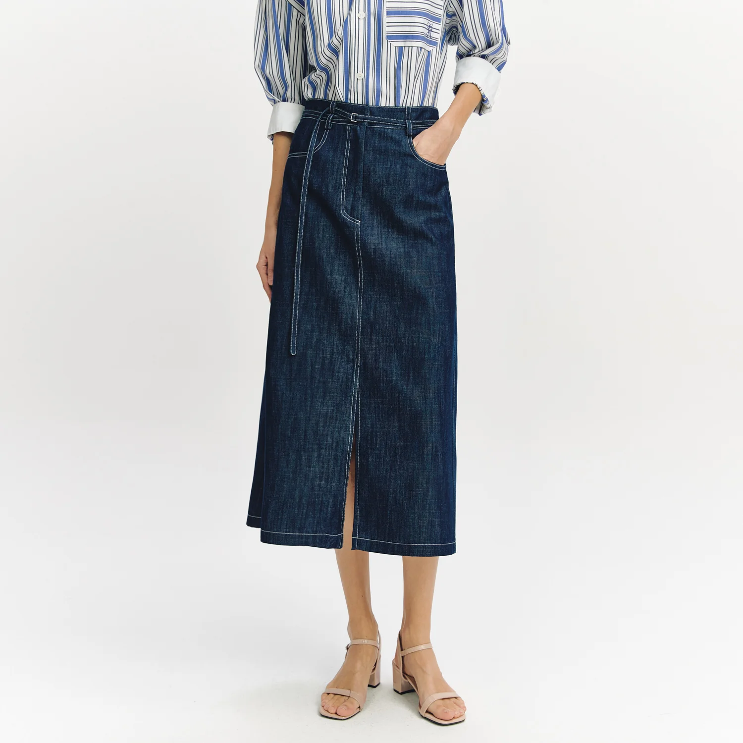Belted Slit Semi A-line Skirt BLUE