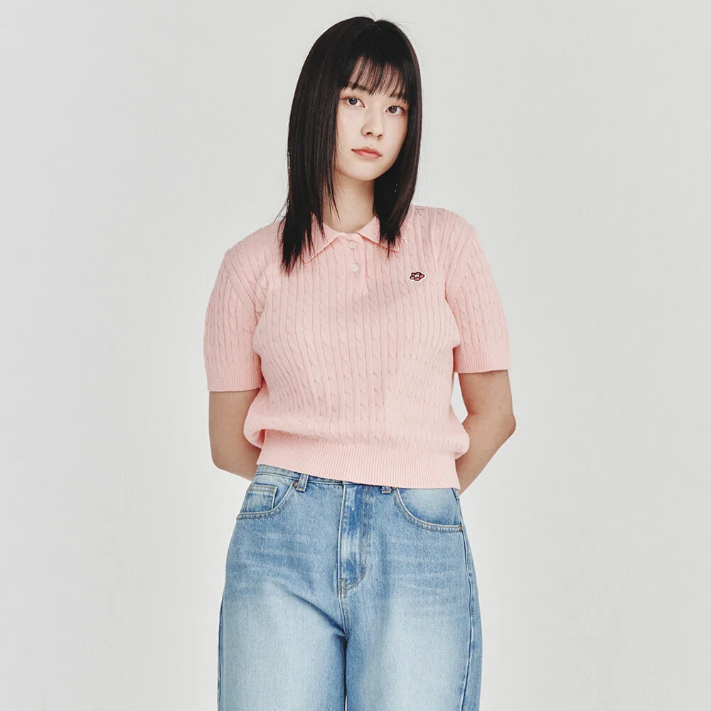 女裝 Lily Wappen 絞花 衣領 短袖 針織衫 粉色