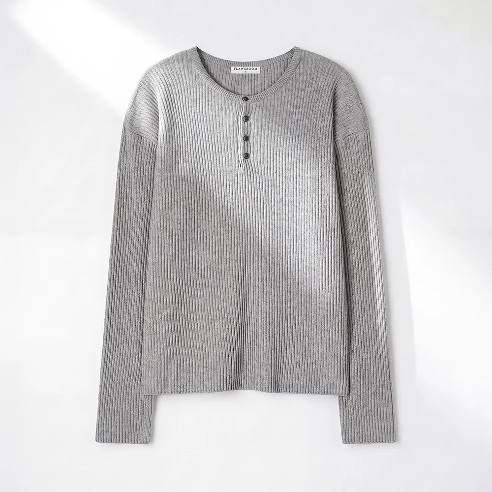 Textured Ribbed Cotton Henleyneck GREY