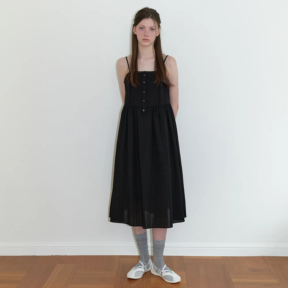 petit lace button long dress - black
