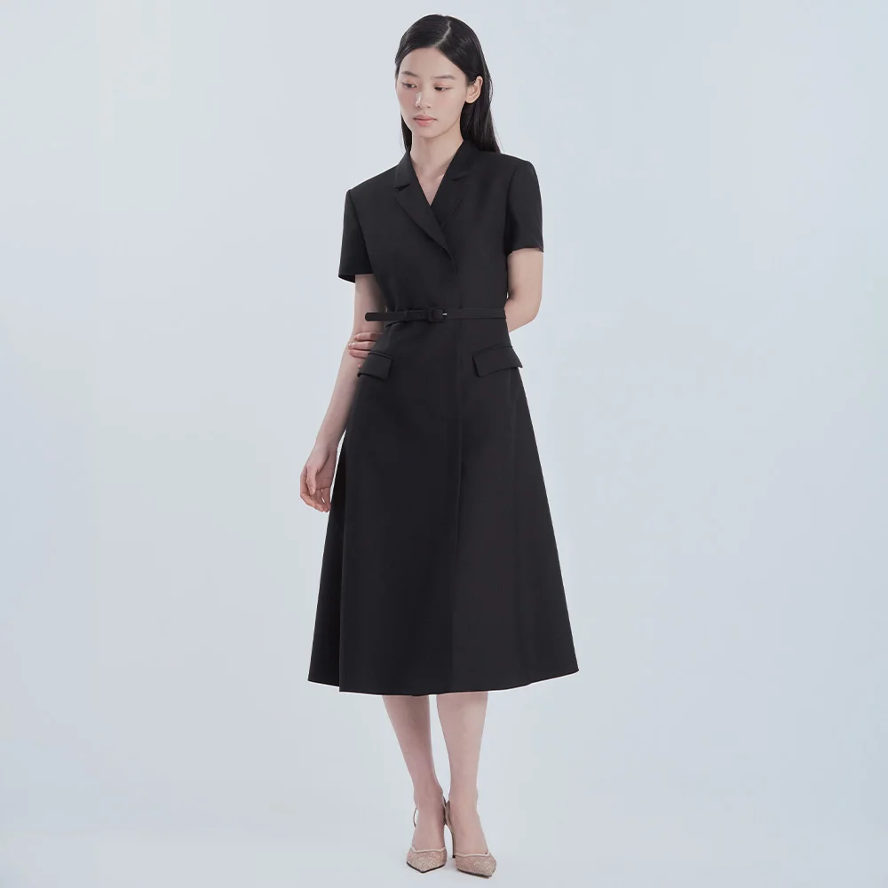 Jenn Long Belted Half-Sleeve Dress - Black