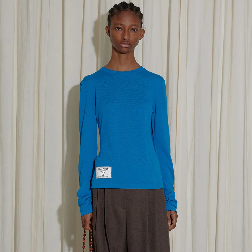 RIBBED NECK CUT OUT KNIT TOP - BLUE
