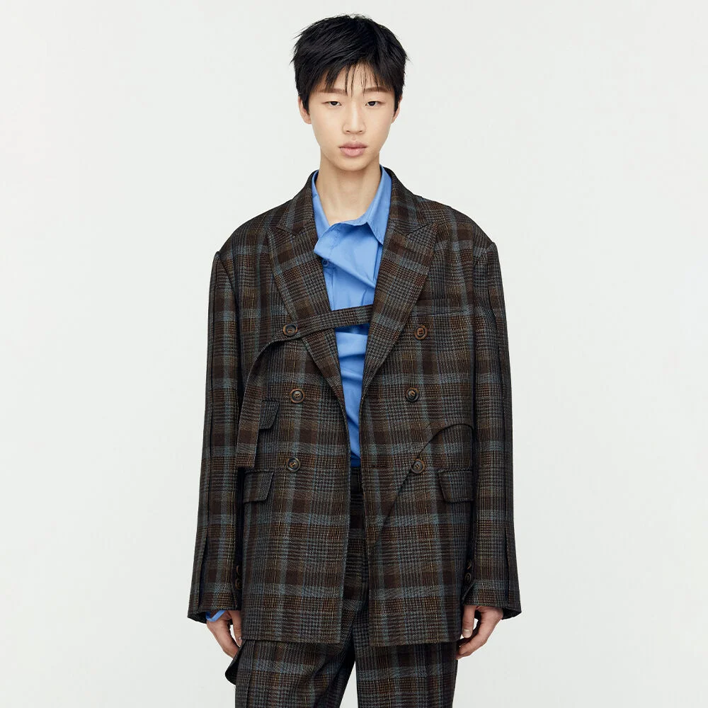 SOE CHECK WRAP DOUBLE BREASTED JACKET awa628m(BROWN)