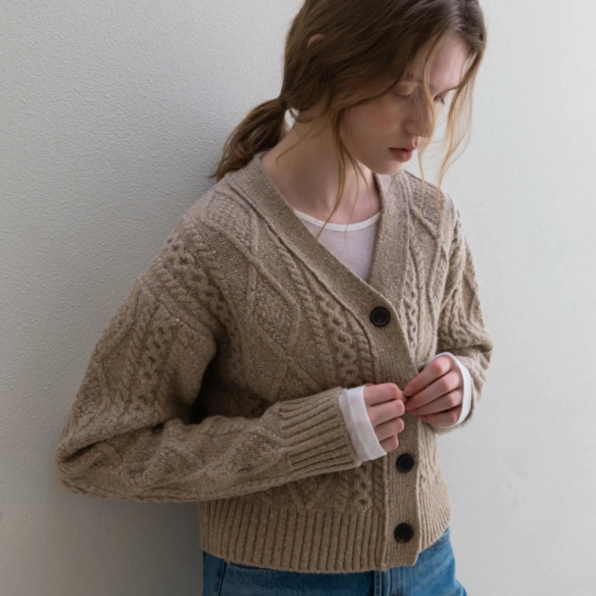 CABLE WOOL KNIT CARDIGAN BEIGE