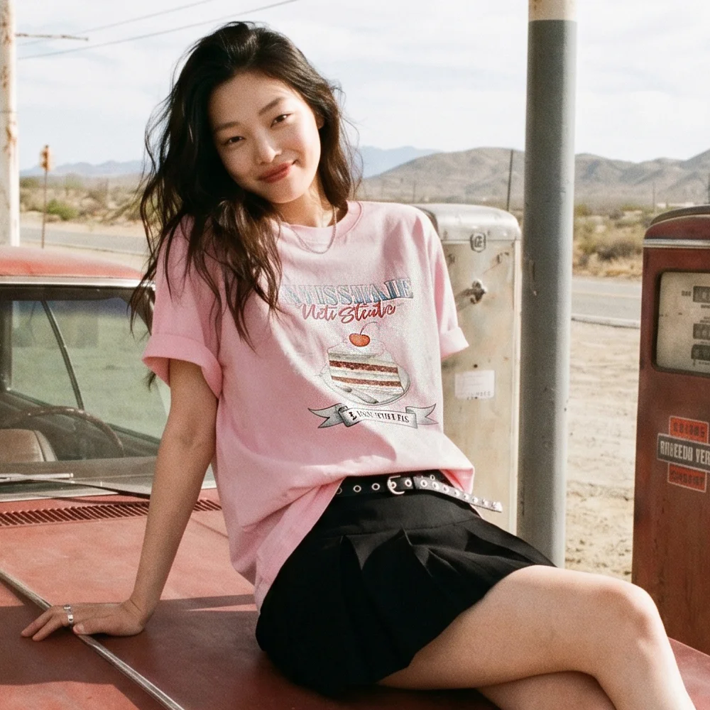 Cotton Oversized Lettering&Cake Print Tee (pink)