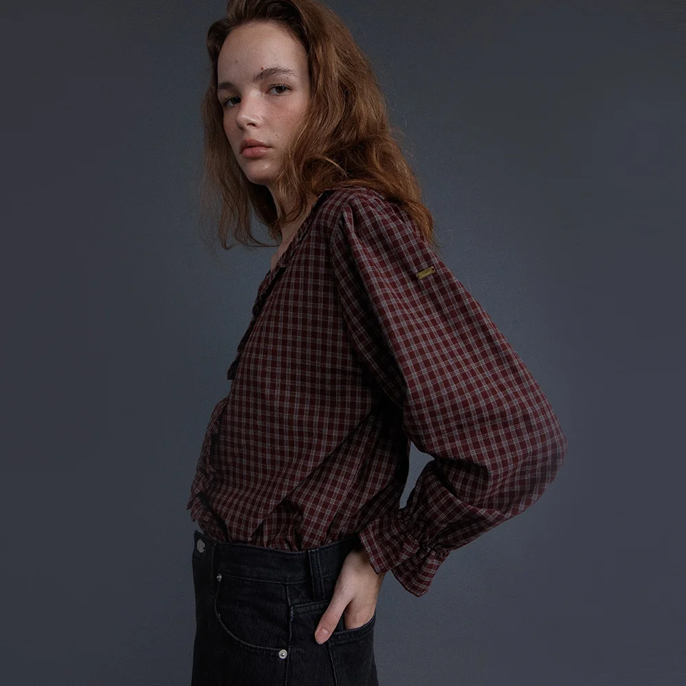 Leon Frill Check Blouse - Wine