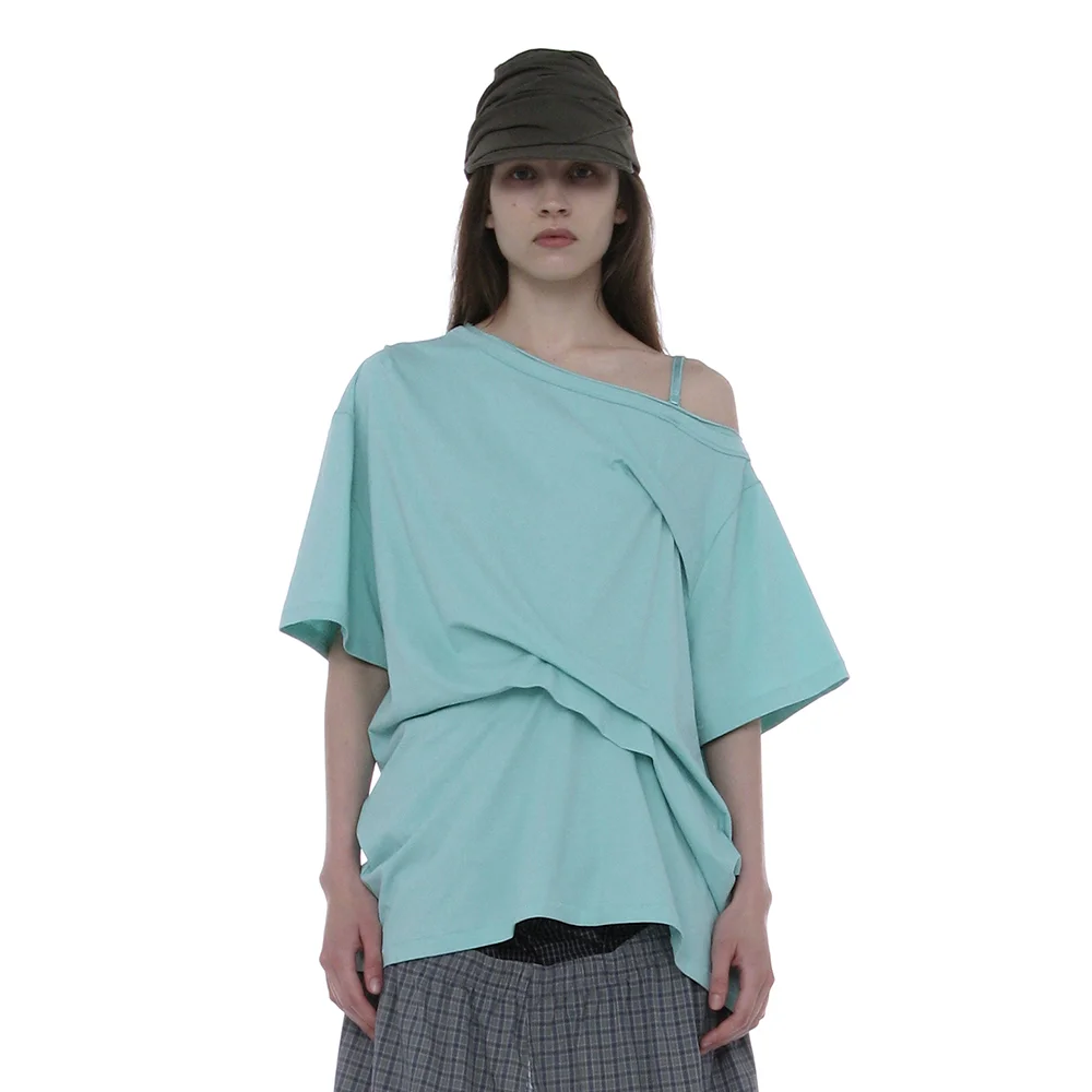 DRAPE PIN-TUCK UNBALANCED TOP_SKY
