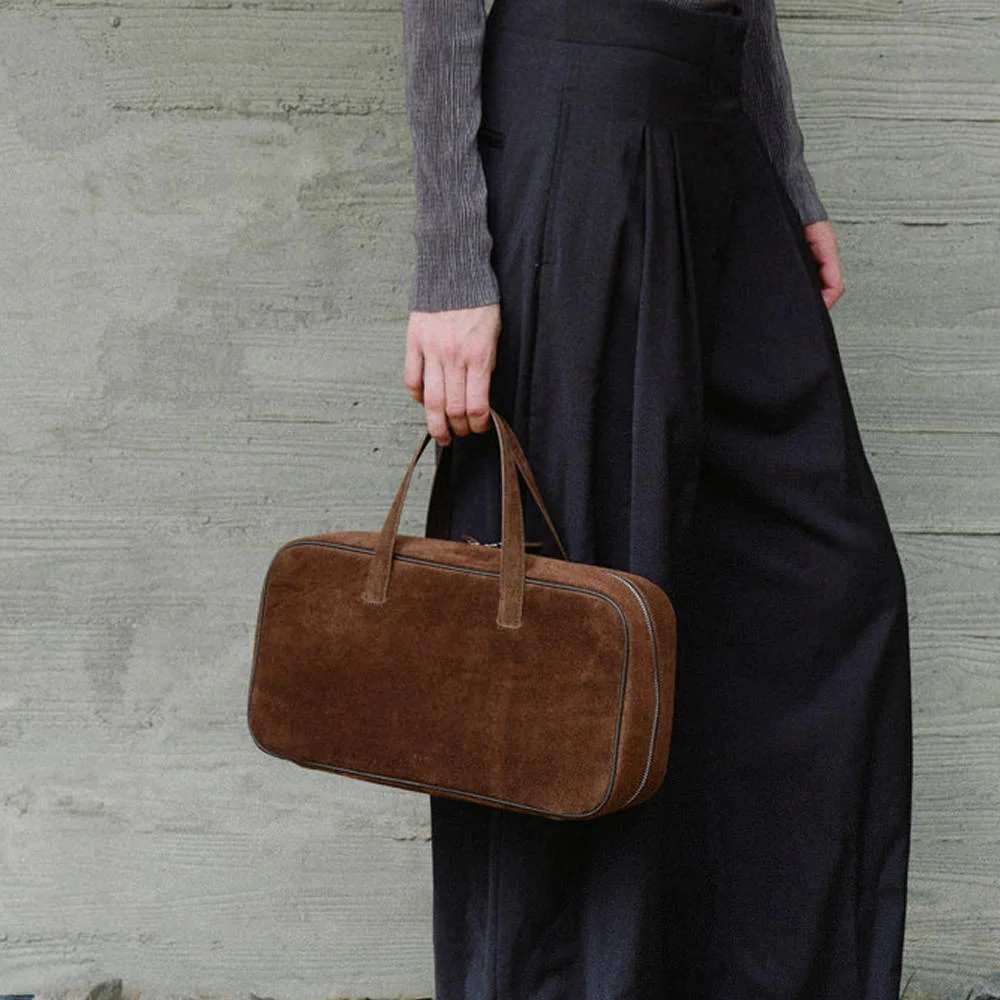 Large Tin square tote bag Suede Chestnut