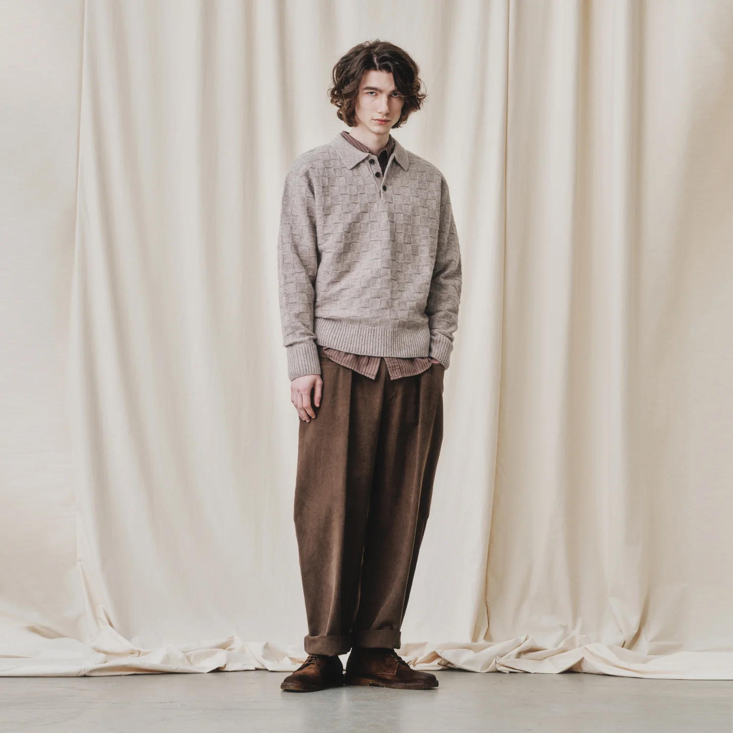 Checkerboard Collar Knit_ Mushroom