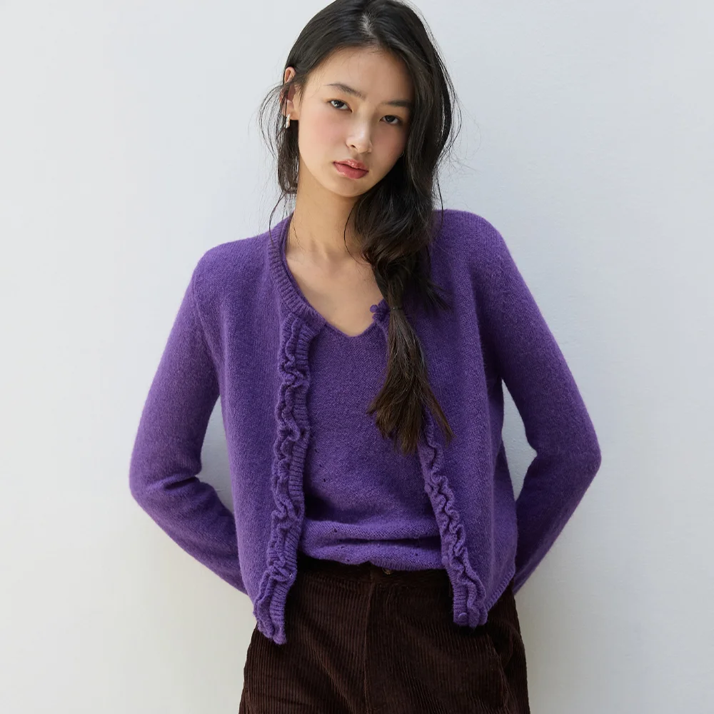 RUFFLE WOOL KNIT CARDIGAN SET VIOLET