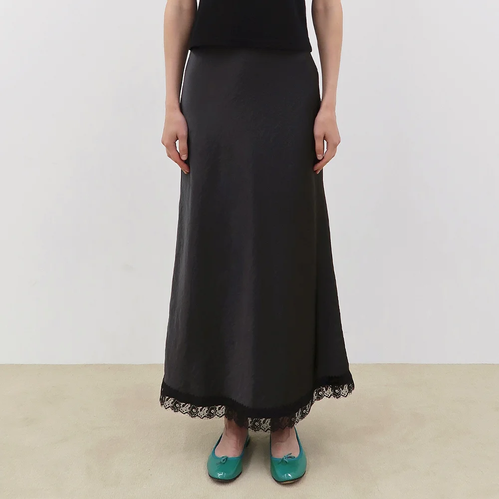 Satin Lace Long Skirt (Charcoal)
