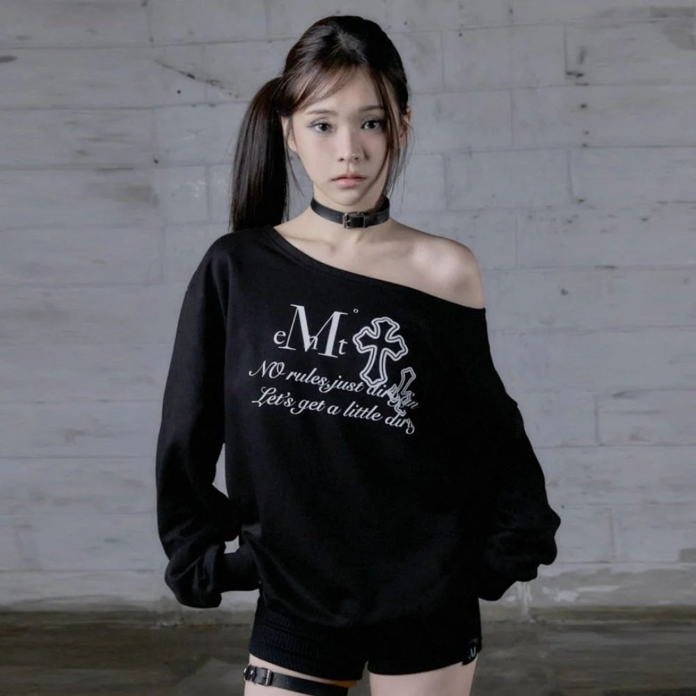 套裝 交叉 字母印花 單 肩部 衛衣