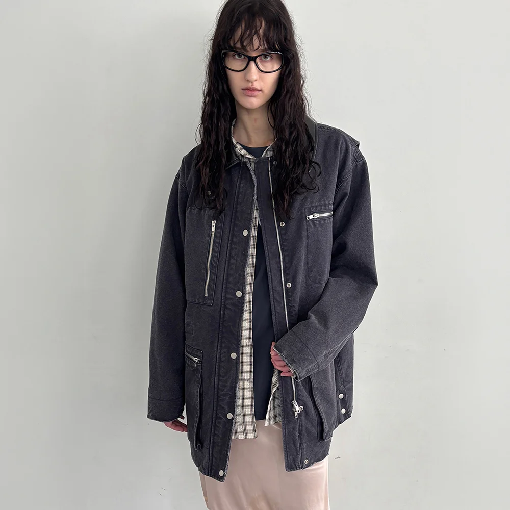 WASHED DAMAGE CHORE COAT_CHARCOAL