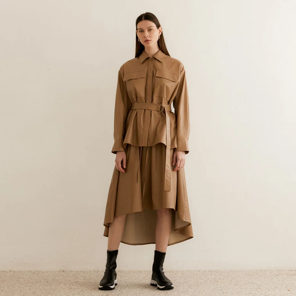 LONG FLARE ARTIFICIAL LEATHER SKIRT - BEIGE