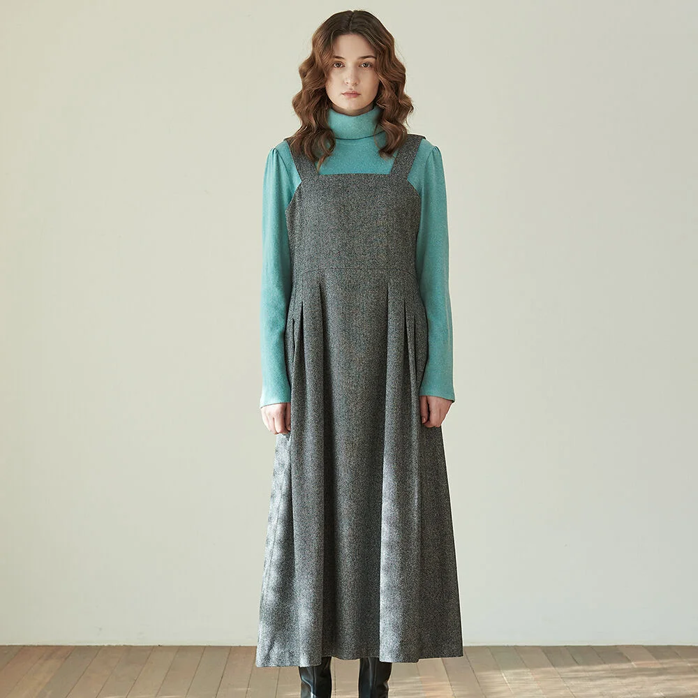 Herringbone Wool Blend Dress -Grey