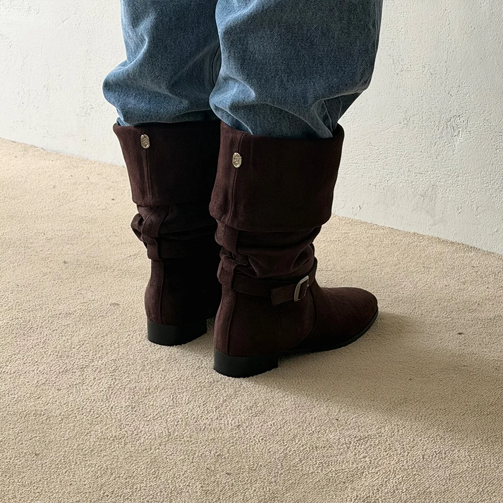 Slouchy Buckle Suede Boots - Dark Brown