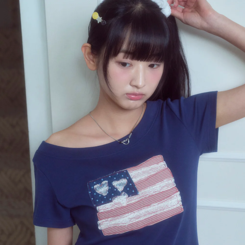 USA banner lace one shoulder T-shirt Navy