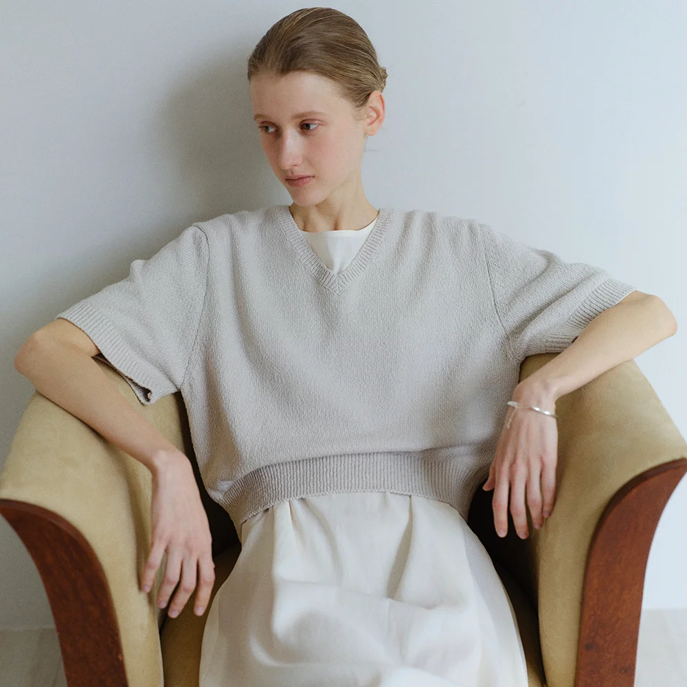 COTTON V-NECK KNIT_GREIGE