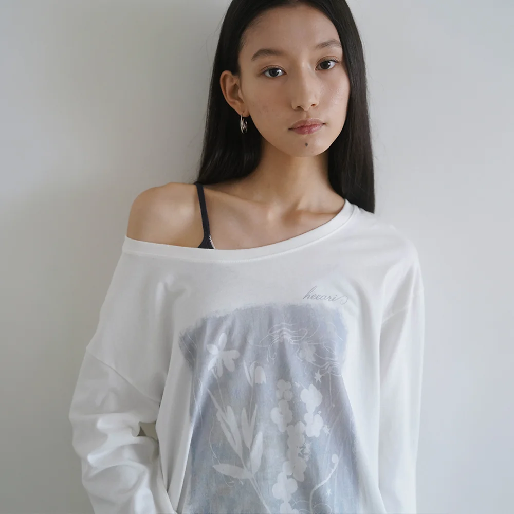 花卉 印花 單肩 長袖_藍色花卉