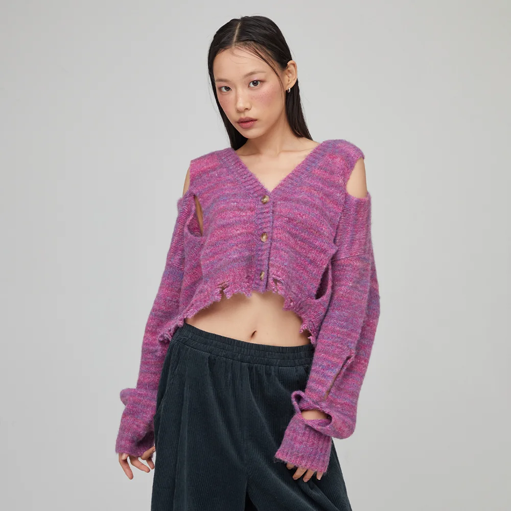 SIDE SLIT DISTRESSED CARDIGAN PURPLE BQ4KG009