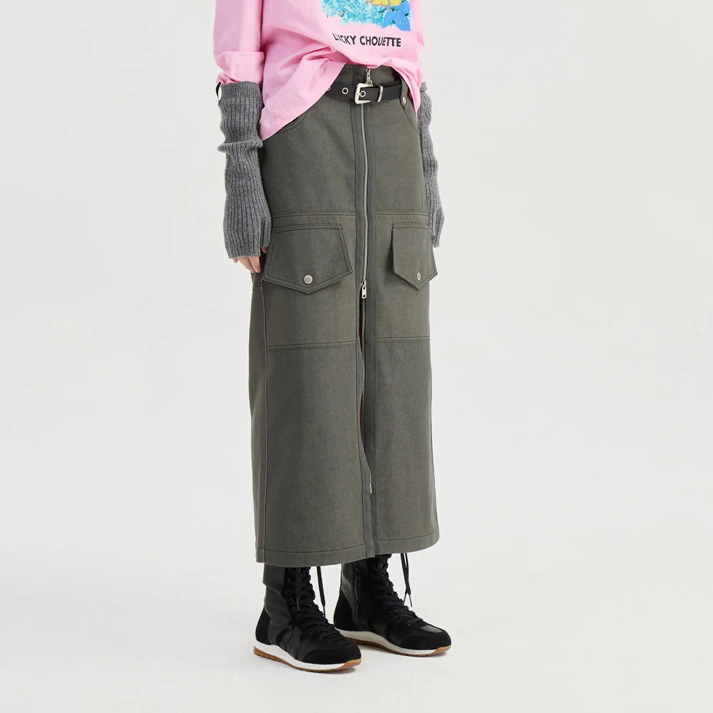 Two-way Zipper H-line Back Banding Long Skirt (khaki)_LFKAS25130KHX