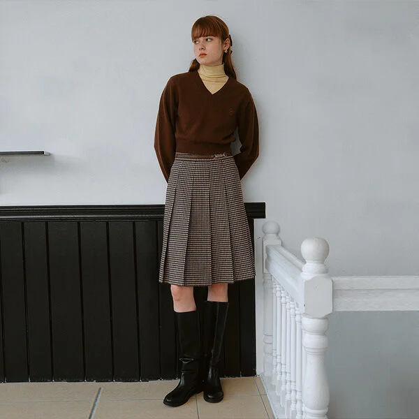 WOOL BLENDED BUCKLE PLEATS SKIRT BROWN