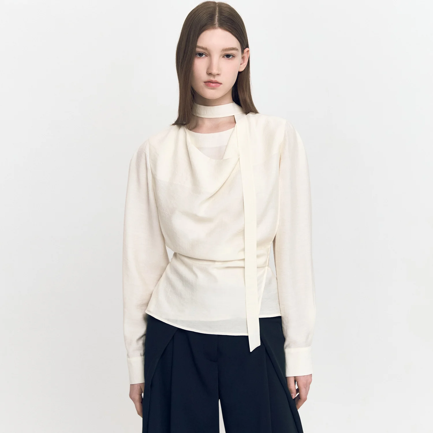 Draped Cowl-neck Wrap Blouse CREAM