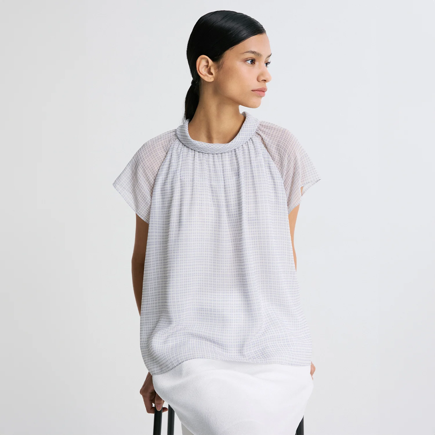 CHECKED CHIFFON TIE-NECK BLOUSE