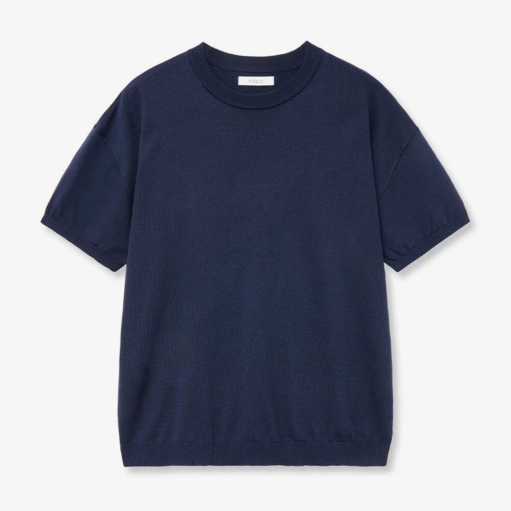 涼感 可水洗 圓領 領 半 針織衫 (NAVY)