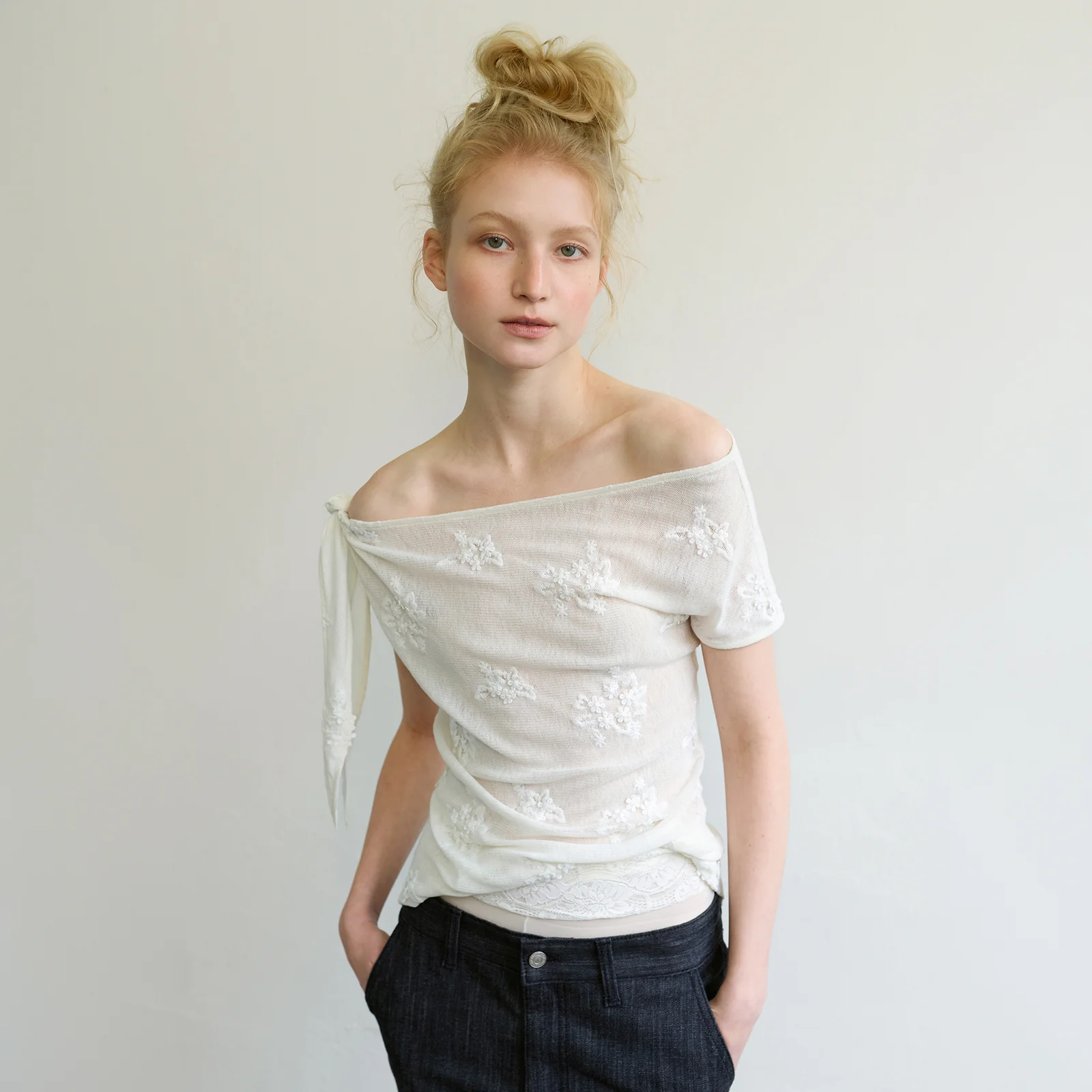 SHEER FLORAL ONE-SHOULDER TOP - IVORY