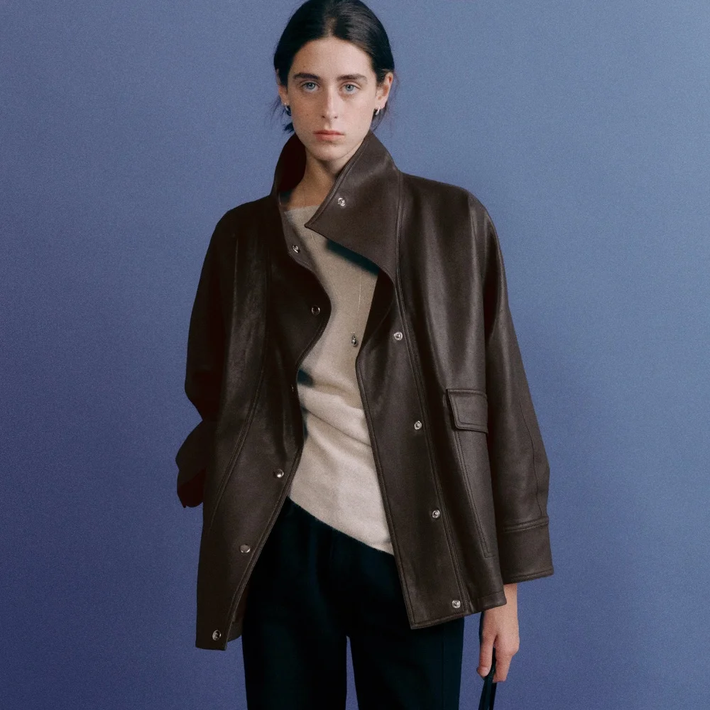 Mago High Neck Single Leather Jacket (Brown)