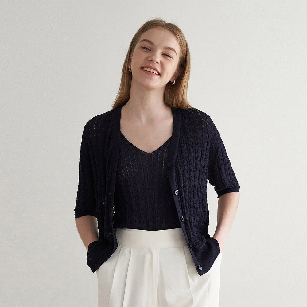 Twist knit cardigan set - navy
