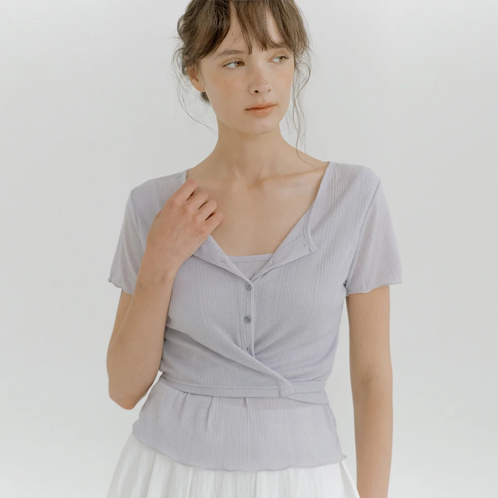 layered wrap detail T-shirt (blue gray) orc 6070