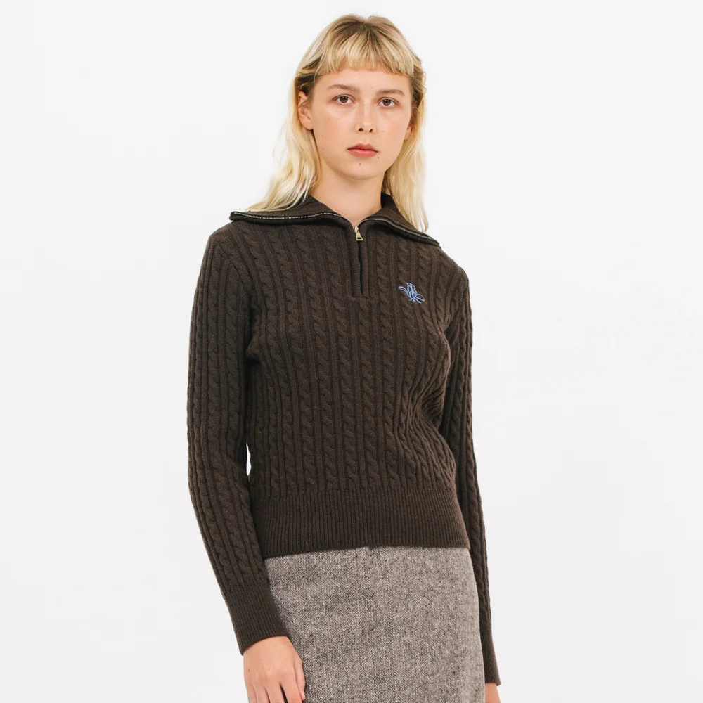 JK half zip-up cable knit_choco