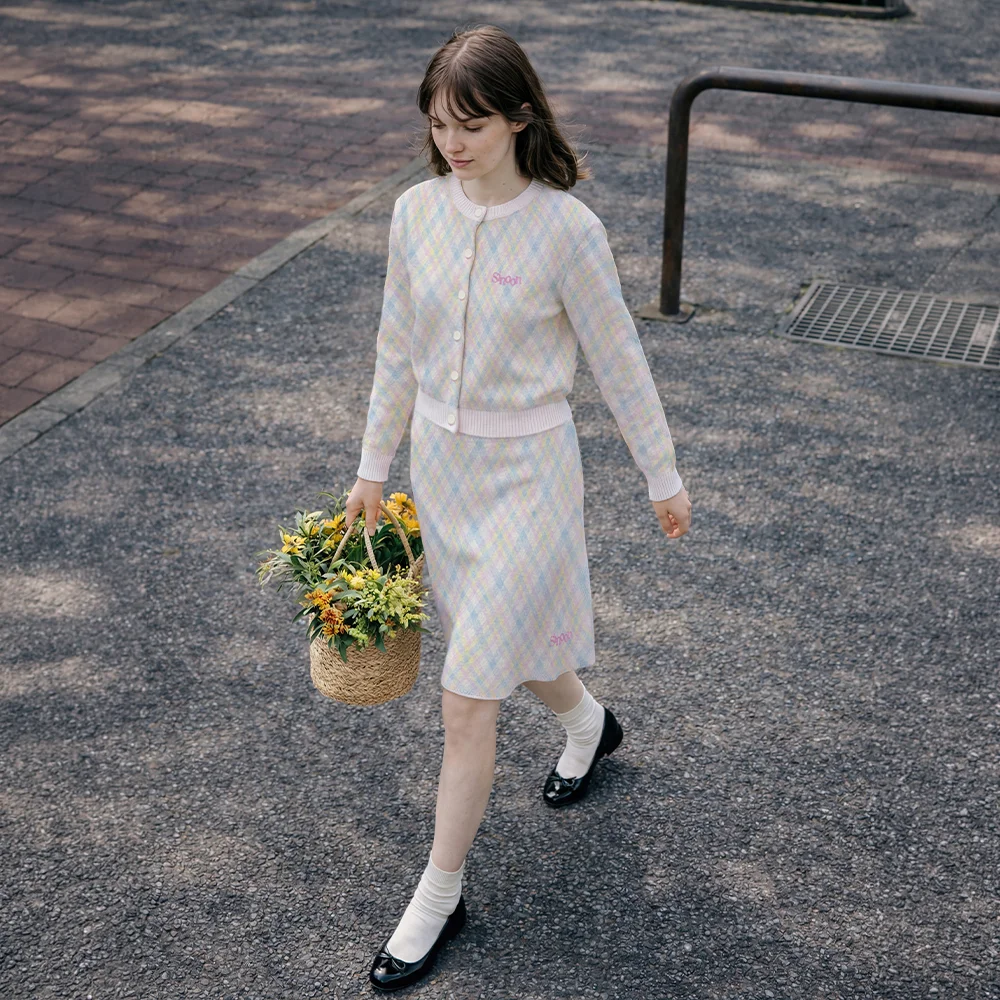 Pink X Sinoon Knit Check Skirt (Pink)