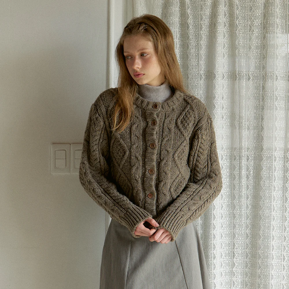 cable knit cardigan sweater - mocha taupe