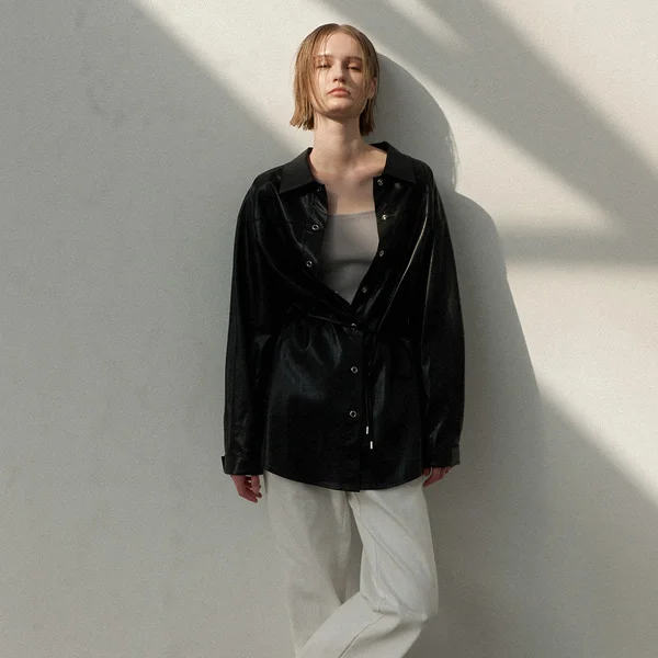 LEATHER DRESSY BELTED LONG SHIRT S(Z-BL-4164)