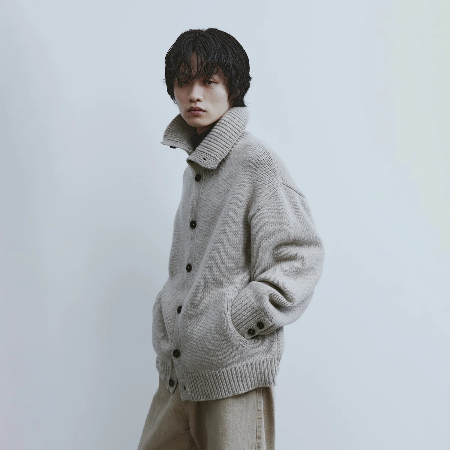 Heavy-weight Knit Cardigan - Melange Beige