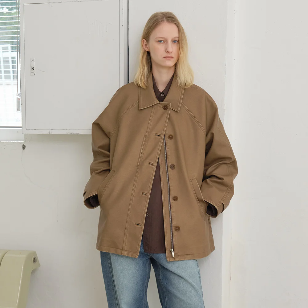Washed Leather Balmacaan (Beige)