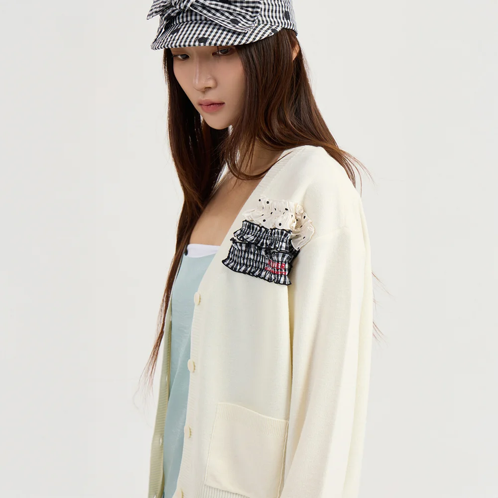 Woven Frill Knit Cardigan (ivory) LFWCM26810IVX