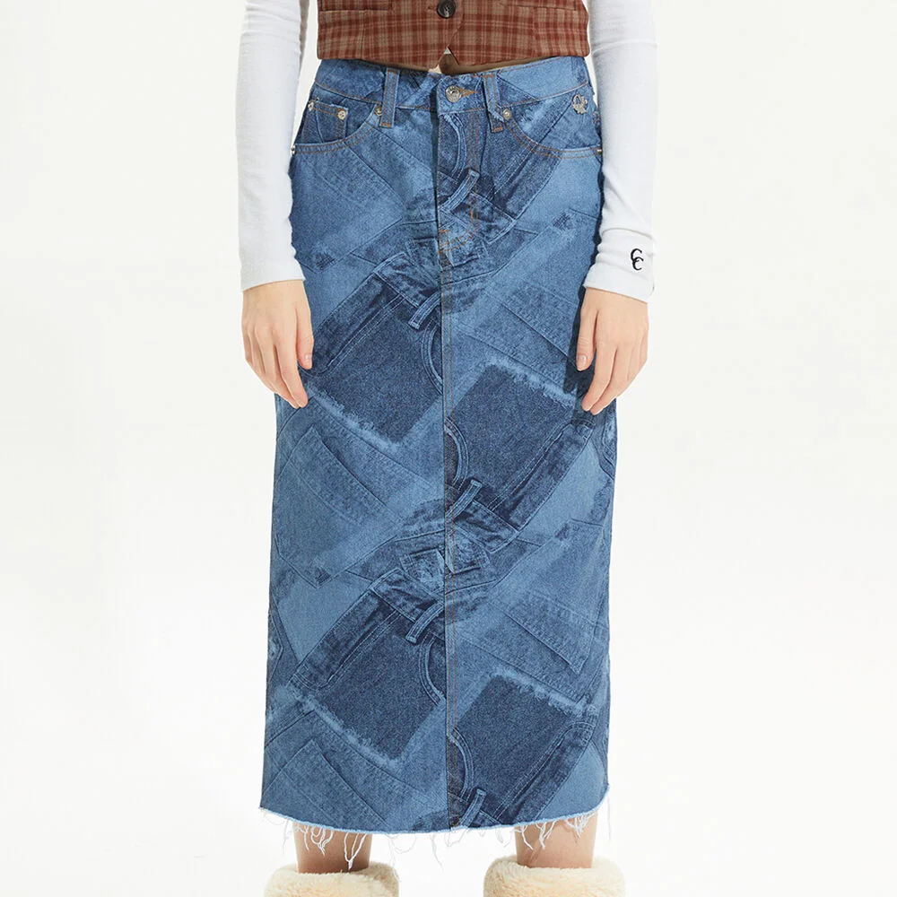 DENIM PRINTING LONG SKIRT_BL