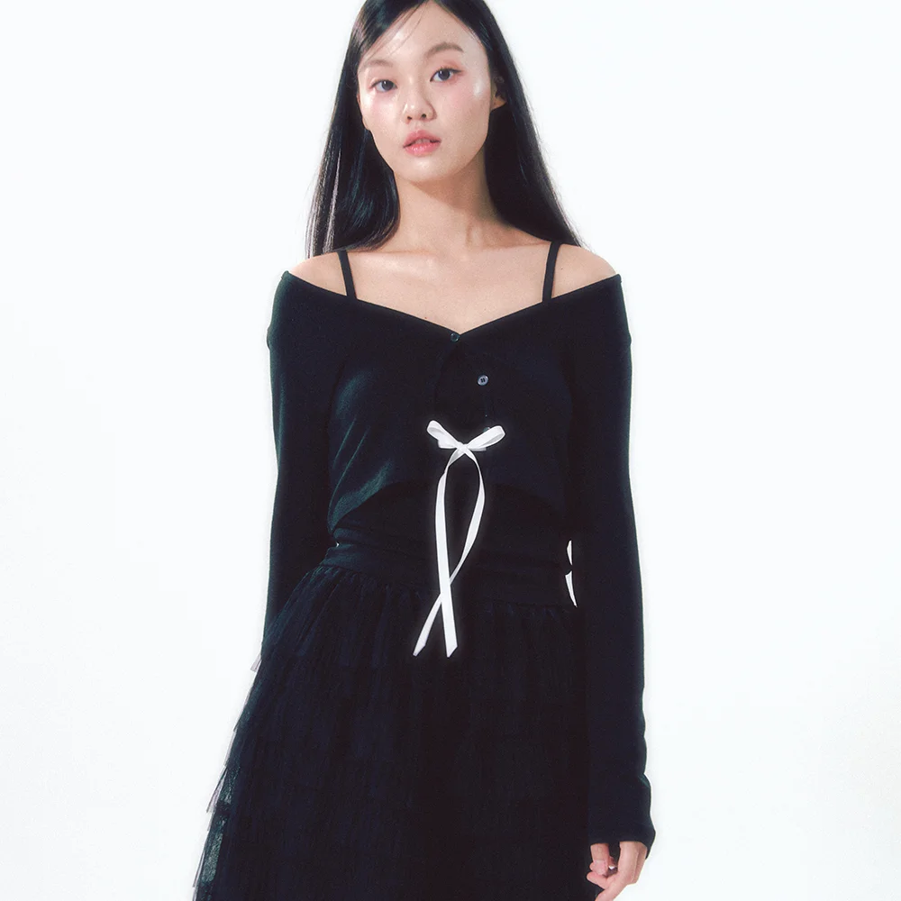 Knit Ribbon Shirring Top Set Black