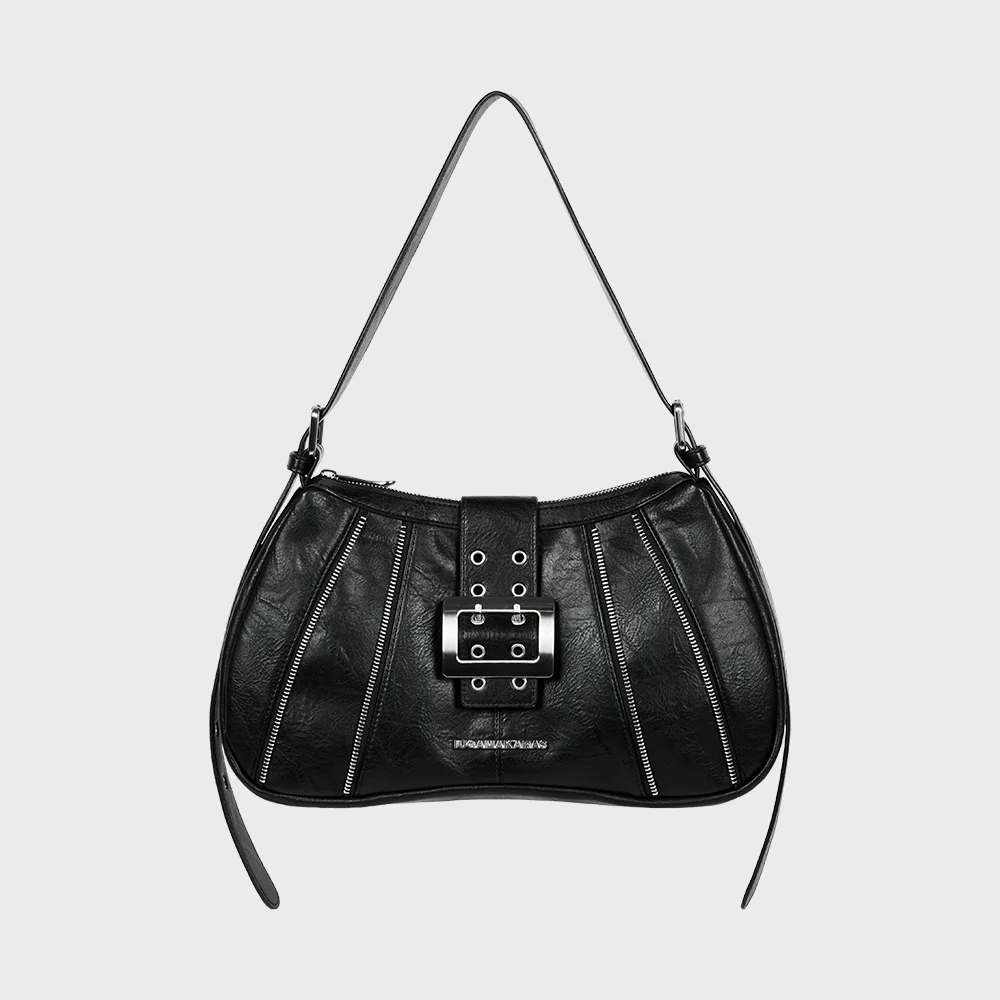 Zippered Buckle Hobo Bag (Black)
