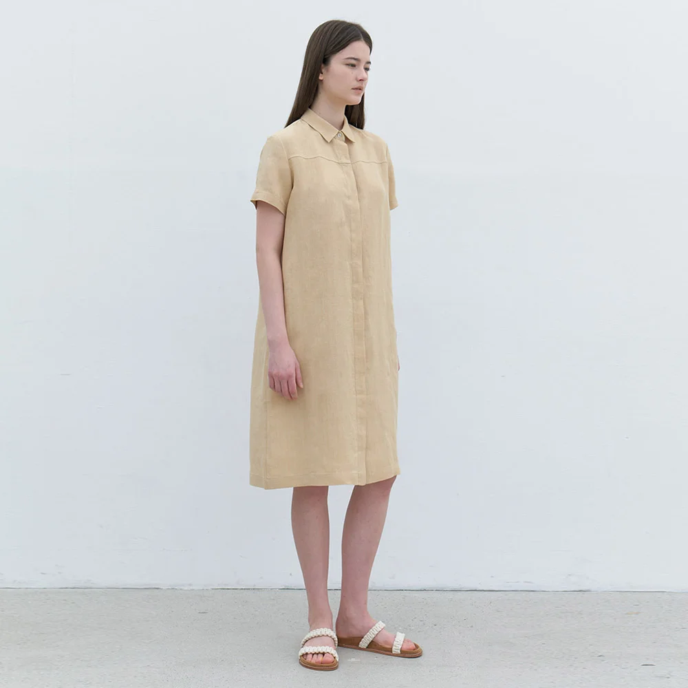 linen hidden button dress-lemon beige